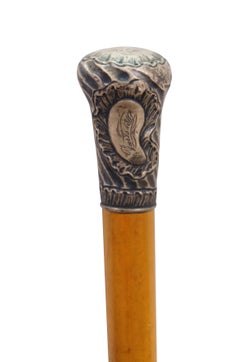 Antique 1887 French Victorian Sterling Silver Oak Wood Cane Walking Stick 35"