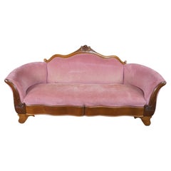 Antique Victorian American Empire Serpentine Walnut Pink Camelback Sofa Loveseat