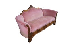 Antique Victorian American Empire Serpentine Walnut Pink Camelback Sofa Loveseat