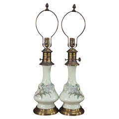 Antique Victorian Converted Hand Painted Porcelain Gone With The Wind Lamps 27"