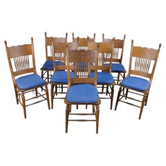 8 Antique Victorian Revival Carved Oak Pressback Dining Chairs Cane Seat Cushion
