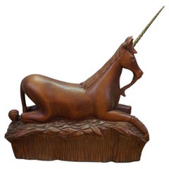 Vintage Korean Hand Carved Teak & Brass Unicorn Sculpture Statue Figure 19"