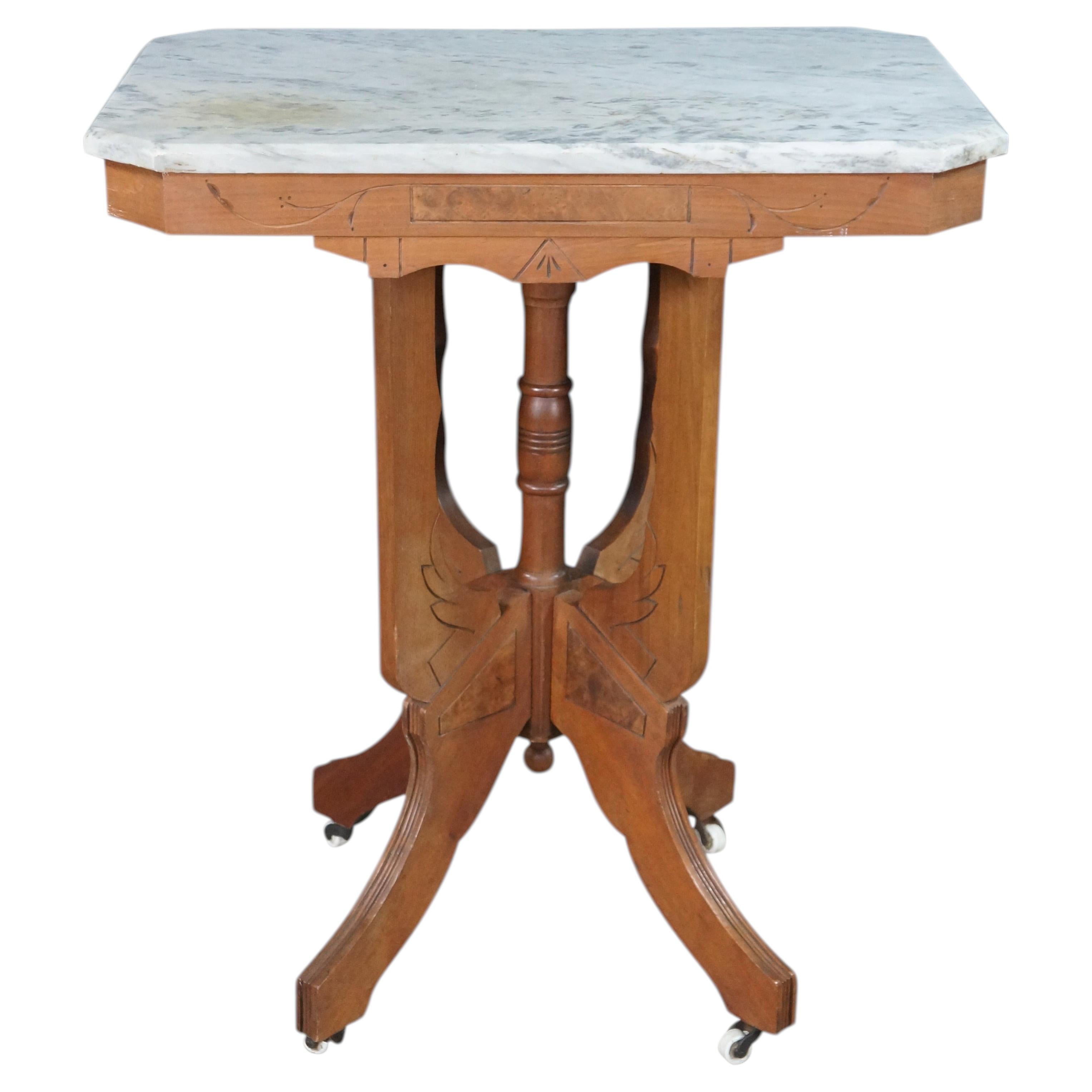 Antique Victorian Eastlake Walnut Carved Marble Top Parlor End Side Table 26" For Sale