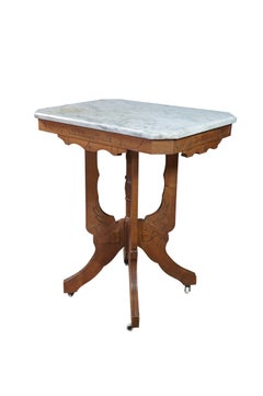 Antique Victorian Eastlake Walnut Carved Marble Top Parlor End Side Table 26"