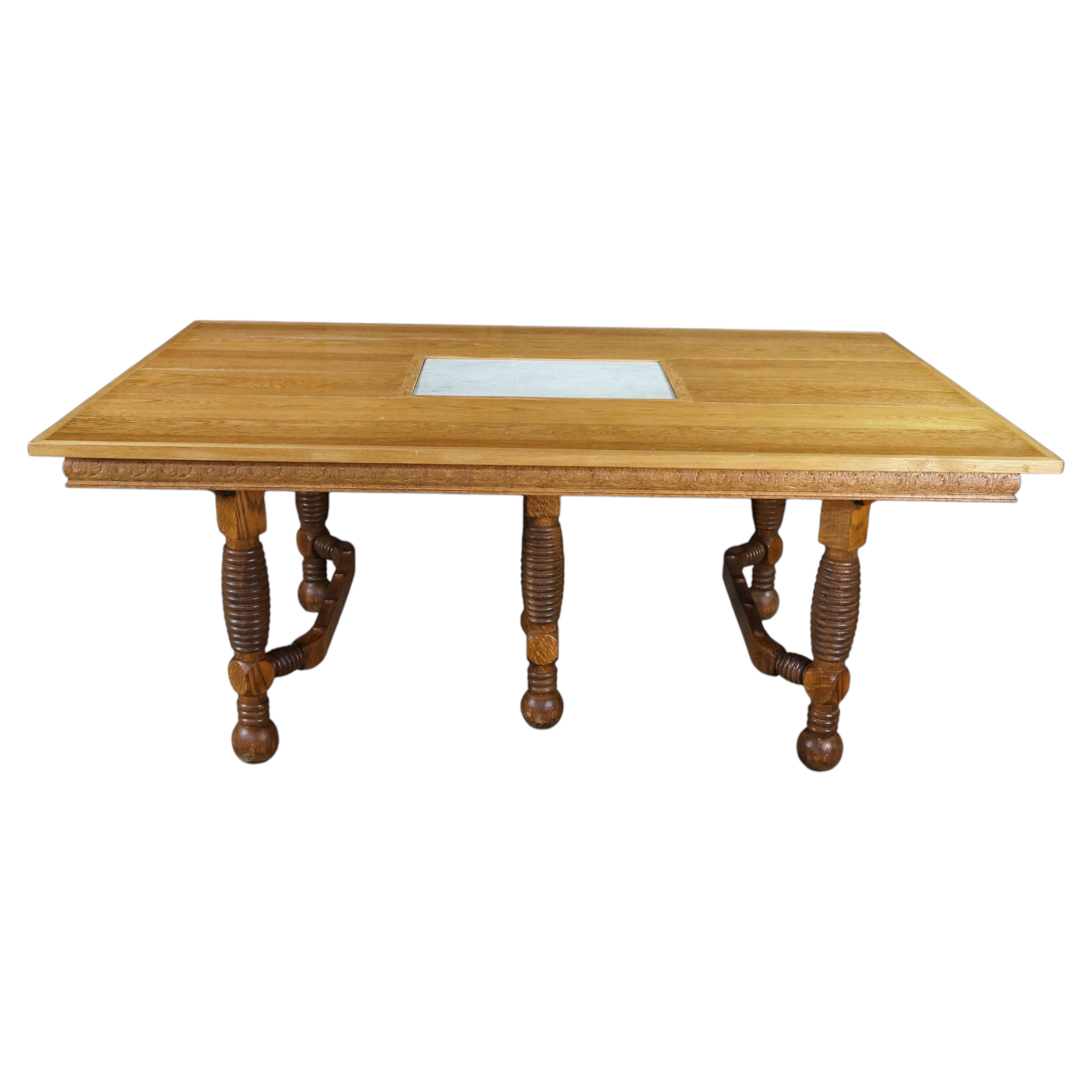 Antique American Victorian Arts & Crafts Quartersawn Oak & Marble Dining Table For Sale