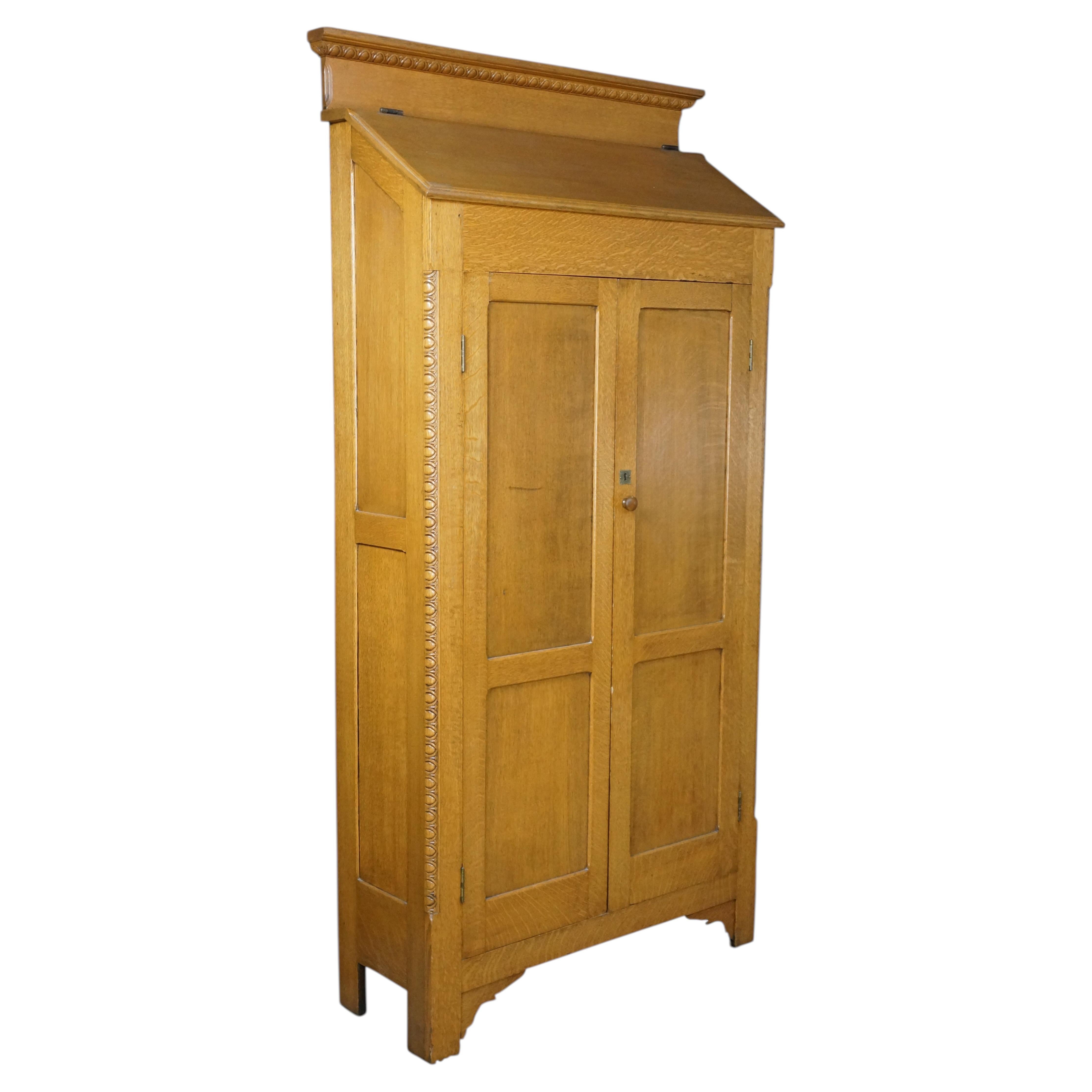 Antique American Victorian Slant Front Cabinet Bookcase Linen Press Wardrobe 75" For Sale