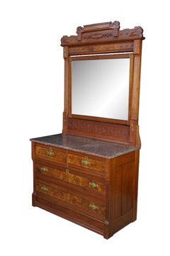 Antique Victorian Eastlake Walnut Burl Marble Top Dresser & Mirror Vanity Chest