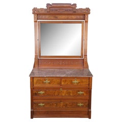 Antique Victorian Eastlake Walnut Burl Marble Top Dresser & Mirror Vanity Chest