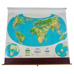 Mid Century Cram's Physical Political World Pull Down Map Classroom Wall Map 64"