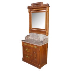 Antique Victorian Eastlake Walnut Burl Marble Washstand & Mirror Commode Cabinet