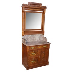 Antique Victorian Eastlake Walnut Burl Marble Washstand & Mirror Commode Cabinet
