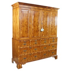 Antique English George II Style Oyster Burl Yew Cabinet on Chest Linen Press 80"