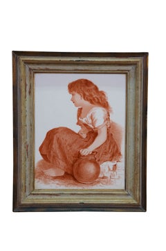 Antique 19th Century Victorian Monochrome Peasant Girls Framed Tiles 18"