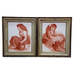 Antique 19th Century Victorian Monochrome Peasant Girls Framed Tiles 18"