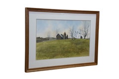 Thomas Puschock Farmhouse Barn Country Landscape Watercolor Painting 28"