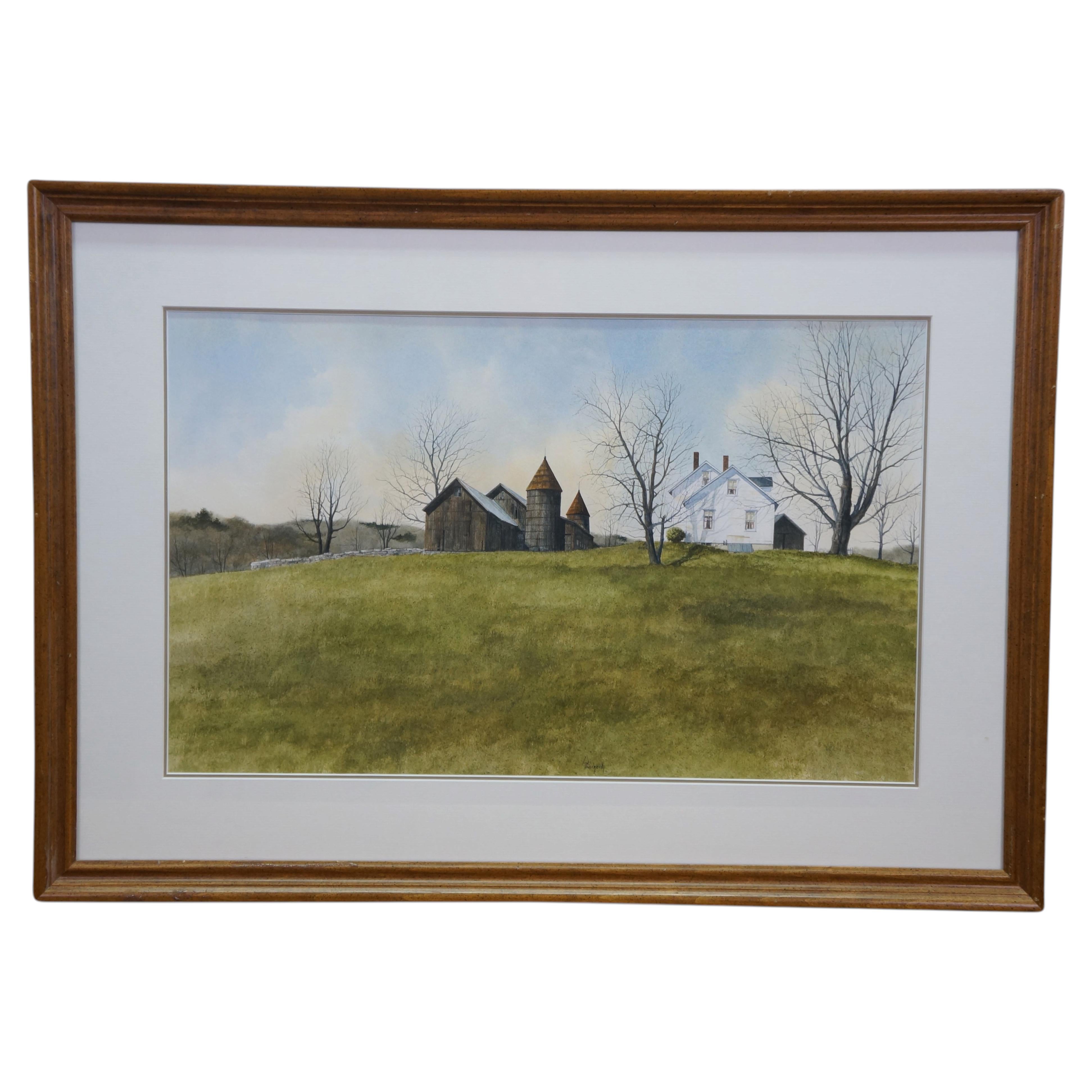 Thomas Puschock Farmhouse Barn Country Landscape Watercolor Painting 28" For Sale