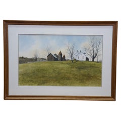 Thomas Puschock Farmhouse Barn Country Landscape Watercolor Painting 28"