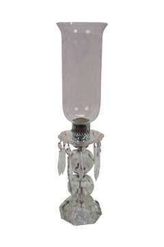 2 Mid Century Etched Glass Crystal Hurricane Candlestick Boudoir Lamps 20"
