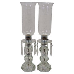 2 Mid Century Etched Glass Crystal Hurricane Candlestick Boudoir Lamps 20"