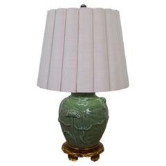 Vintage Marbro Celadon Green Porcelain Lotus Flower Ginger Jar Lamp 30"