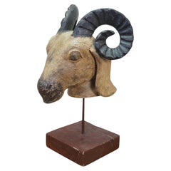 Vintage Indo-persian Carved Wood Ram Head Bust Sculpture on Stand 18"