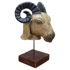 Vintage Indo-persian Carved Wood Ram Head Bust Sculpture on Stand 18"