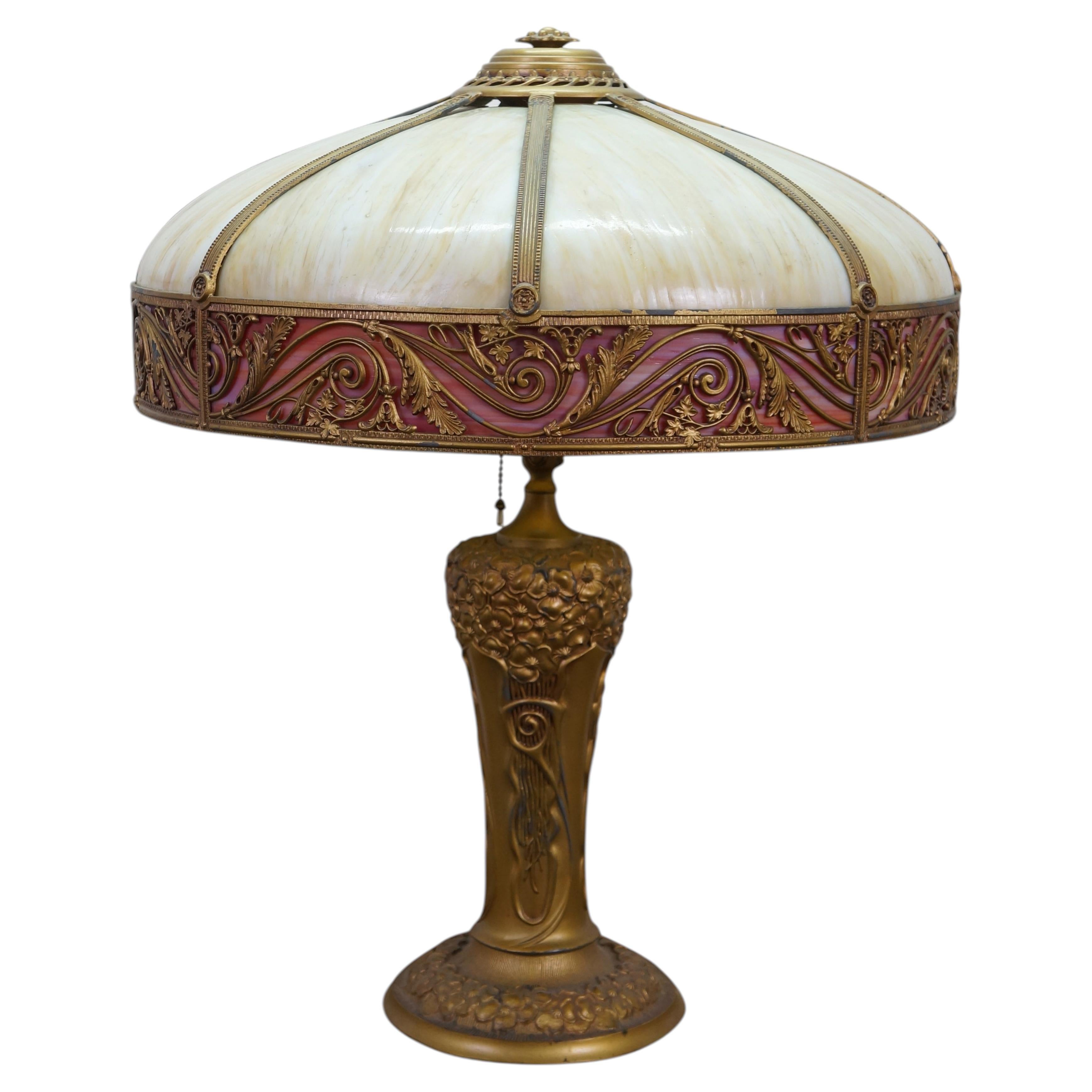 Antique Charles Parker Art Nouveau Two Light Slag Glass Table Lamp 25" For Sale