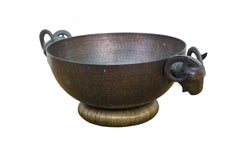 Vintage Hammered Brass Rams Bust Head Centerpiece Bowl 18"