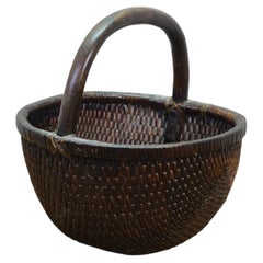 Antique Chinese Bentwood Woven Willow Rice Harvest Gathering Basket 16"