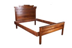 Antique 19th Century Victorian Eastlake Carved Oak Queen Size Bed Frame