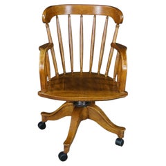 Mid Century Oak Bentwood Windsor Barrel Back Swivel Bankers Office Desk Chair