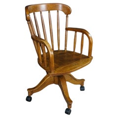 Mid Century Oak Bentwood Windsor Barrel Back Swivel Bankers Office Desk Chair