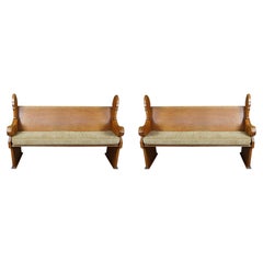 2 Antique Gothic Revival Quartersawn Oak Carved Church Pews Deacon Bench Pair