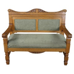 Antique Victorian American Empire Quartersawn Oak Carved Settee Bench Loveseat