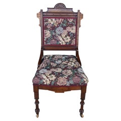 Antique Victorian Eastlake Walnut Burl Carved Parlor Chair Tapestry Fabric