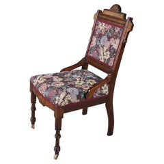 Antique Victorian Eastlake Walnut Burl Carved Parlor Chair Tapestry Fabric
