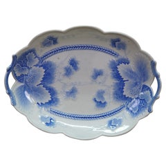 Antique Blue & White Scalloped Maple Leaf Serving Tray Platter Dish 12"
