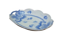 Antique Blue & White Scalloped Maple Leaf Serving Tray Platter Dish 12"