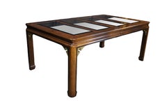 Mid Century Chinoiserie Matchbook Walnut Brass & Glass Extendable Dining Table