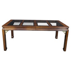 Mid Century Chinoiserie Matchbook Walnut Brass & Glass Extendable Dining Table