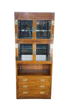 1980s Henredon Scene One Oak Campaign Curio Display Cabinet Library Bookcase 84"