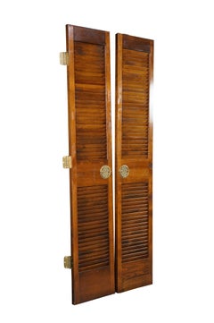 Pair Mid-Century Chinoiserie Elm Louvered Double Bi Fold Doors Brass Shou Pulls