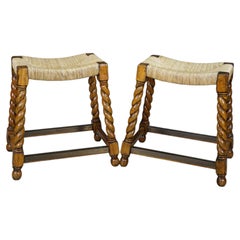 2 Vintage Spanish Revival Country French Barley Twist Stools Rush Saddle Seats
