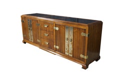 Mid-Century Fancher Chinoiserie Campaign Walnut Smoked Glass Buffet Credenza MCM