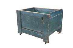 Antique Primitive Pine Bin Teal Blue Milk Paint Wood Storage Rolling Crate Box