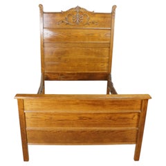 Antique 19th C. American Victorian Carved Golden Oak Paneled High Back Bed Frame