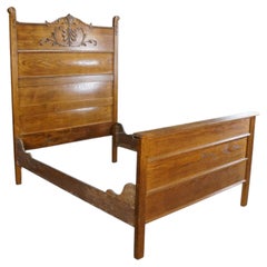Antique 19th C. American Victorian Carved Golden Oak Paneled High Back Bed Frame