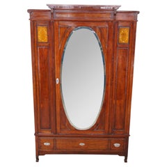 Antique Edwardian Neoclassical Mahogany Fruitwood Inlaid Wardrobe Armoire Mirror