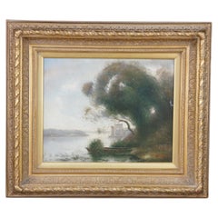 L. Stephano : peinture à l'huile signée représentant un paysage impressionniste avec un château et une rivière, 31"