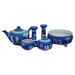 Antique Wedgwood Blue Jasperware Candlesticks Creamer Sugar Teapot Bowl Compote